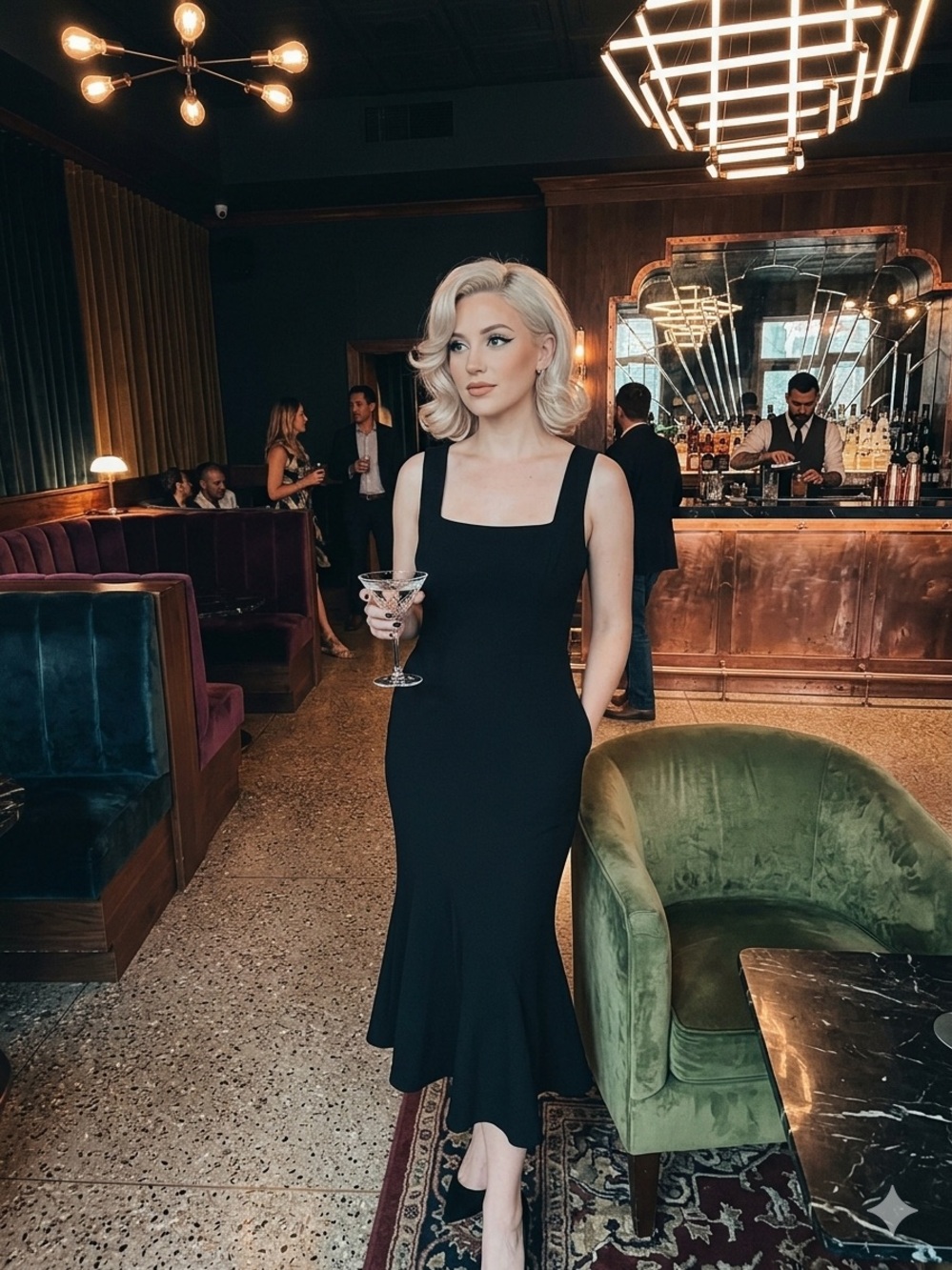 Elegant Black Square-Neck Midi Trumpet Dress
